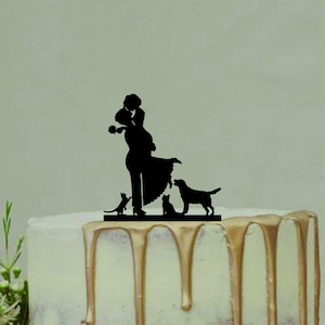 Lesbian Wedding Cake Topper with two cat and dog. Same Sex Wedding Cake Topper with two cat and dog, Mrs and Mrs Couple Silhouette