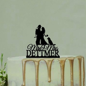 Mr and Mrs Fire Man and Bride with dog, Fireman and Bride Wedding Cake Topper, Personalized Firefighter Wedding Cake Topper, Bride & Groom