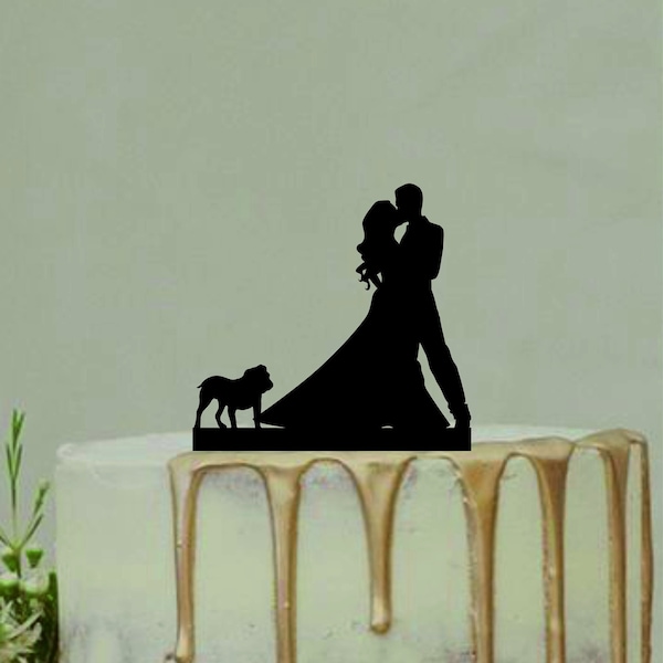 Bride and Groom With English Bulldog, Couple Kiss Silhouette, Custom Wedding Cake Topper, Wedding Silhouette Decor