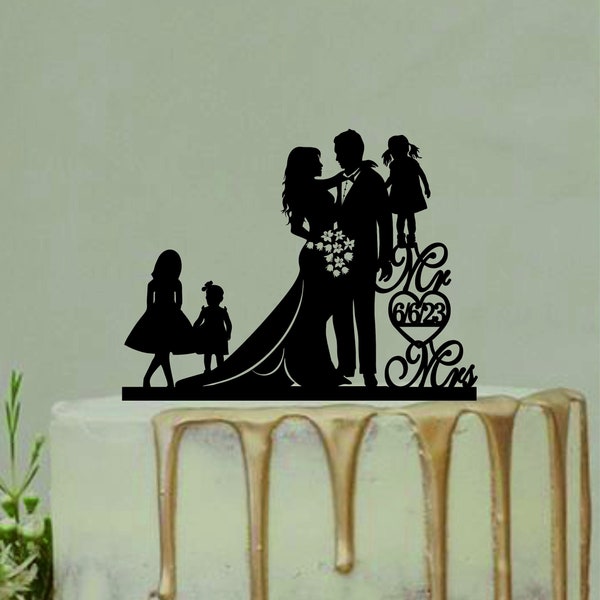 Décoration de gâteau de mariage familial, mariée et marié avec trois enfants, silhouette de couple, décoration de gâteau de mariage personnalisée