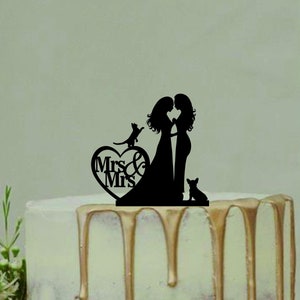 Mrs and Mrs Couple Silhouette, Lesbian Wedding Cake Topper with cat and dog. Same Sex Wedding Cake Topper with cat and dog