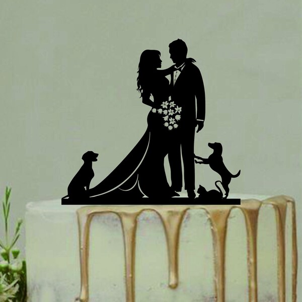 Bride and Groom With two Dog and Cat,Couple Silhouette,Custom Wedding Cake Topper,Dog Cake Topper,Cat Cake Topper,Wedding Silhouette Decor