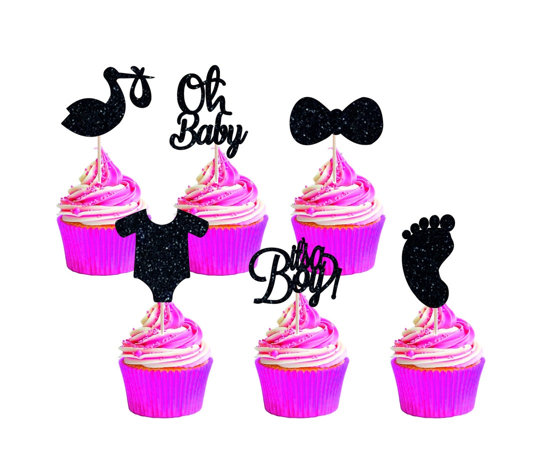 Oh Baby Cupcake Toppers, It's a Boy Cupcake Toppers With Bow Tie, Glitter Cake Picks Decorations