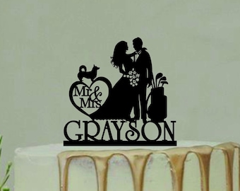 Golf Wedding Cake Topper,Mr and Mrs Cake Topper,Custom Cake Topper with Last Name,Bride and Groom Silhouette with Dog