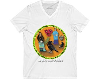 Cultural Heritage V-Neck Tee | Artistic Graphic Tee, Unisex Short Sleeve Shirt, Ethnic Print T-Shirt, Gift for Art Lovers, Vintage Style Top