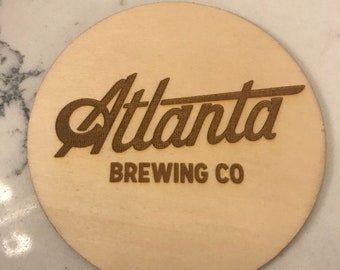 Engraved Wood Coaster (1), round, Atlanta brewery, Atlanta Brewing Company, drink coaster