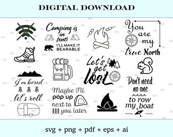 Camping Bundle - vector images for cricut and laser engraver etc, clipart, png, pdf, svg, eps, ai, digital download