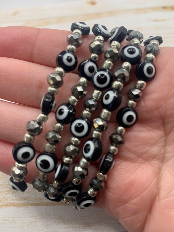 Evil Eye Bracelet 7 1/2 inches Crystal Rhinestone Spacer Beads Bling 4 Colors U Pick Nazar Amulet Talisman Protection Gift Teen Christmas