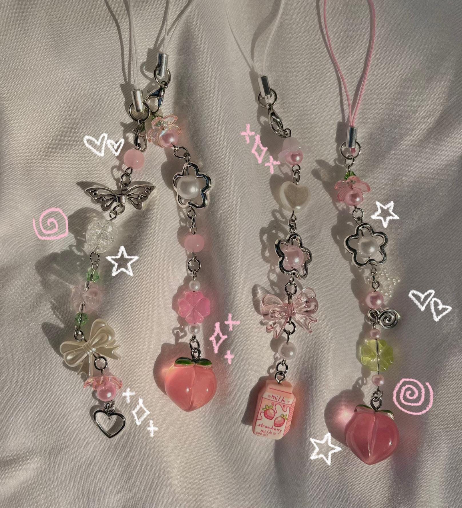 peaches + strawberry milk + heart charm pink phone charms <3
