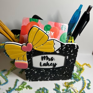 Teacher appreciation desk top pencil holder - composition book style with pencil bow