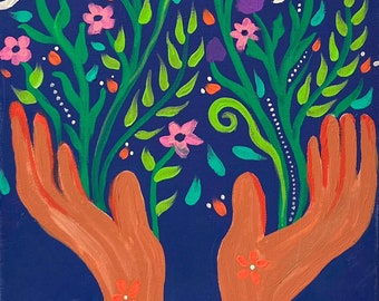 Floral Hands Abstract Art Painting | 'With These Hands - I Grow Flowers' | 10" x 20" Original Acrylic Painting on Canvas