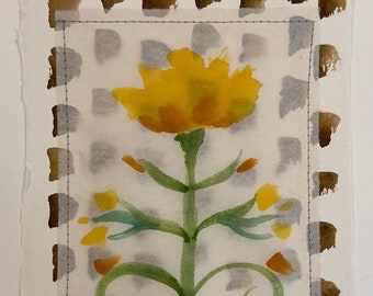 Yellow Spring Folk Art Flora, watercolor, collage, embroidery, art, 8x10, free shipping