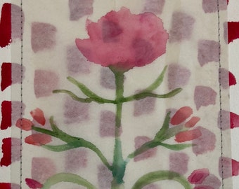 Pink Spring Folk Art Flora, watercolor, collage, embroidery, art, 8x10