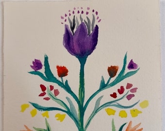 Purple Tulip Thistle Spring Folk Art Flora, watercolor, art, bright, happy, imaginative, 5x7, free shipping