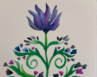 Purple Thistle Spring Folk Art Flora, watercolor, art, bright, happy, imaginative, 5x7, free shipping