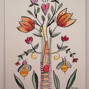 Birds & Blossoms – Playful Love-Themed Folk Art | Original Botanical Illustration