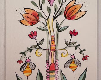 Bee Harmony – Whimsical Floral Spine Painting | Intuitive Watercolor Art | Boho Healing Wall Decor