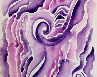 Purple Abstract, watercolor, art, fluid, soulful, imaginative, 5x7, free shipping