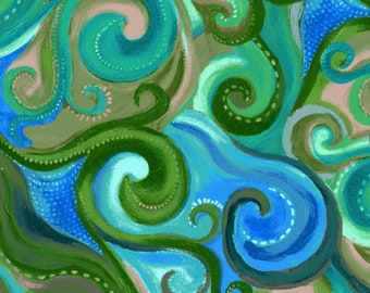 Leaf, Grean and Blue Swirl, In Motion, Fabric By Melissa Marie Collins for Windham Fabrics