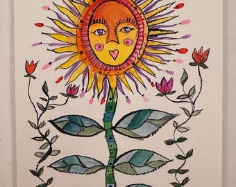 Radiant Bloom – Whimsical Sunflower Face Art | Boho Healing Wall Decor | Intuitive Watercolor Painting