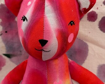 Pink and Red Stuffed Bear, Handmade from cotton fabric, 12"x4", cute stuffed animal, kid and adult gift item