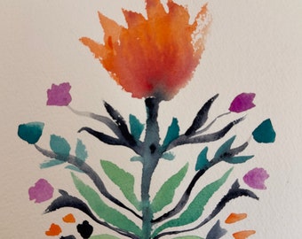 Orange Thistle Spring Folk Art Flora, watercolor, art, bright, happy, 5x7, free shipping