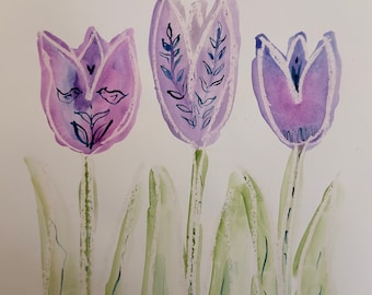 Purple Tulip Art, watercolor, spring, flowers, art, 8x10, free shipping