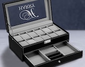 Personalized Black Watch Box Holds 10 Watches, Watch Case Organizer, Watch Storage, Engraved Monogram Custom Designs Watch holder For Men