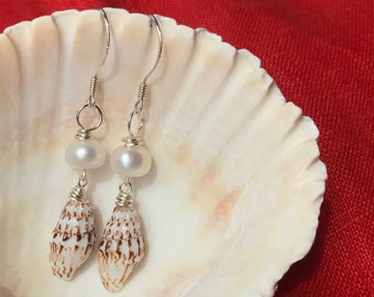 Shell drop dangle earrings. Handmade using antique pearls, locally sourced shells and recycled 925 sterling silver