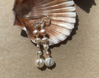 Dainty freshwater pearl and sterling silver dangle earrings. Handmade using sustainable silver and antique pearls