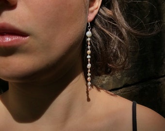 Statement long pearl dangle earrings. Antique freshwater pearl and eco silver. Handmade to order.