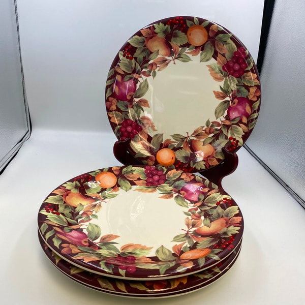 Set of 4 Crate & Barrel FRUIT WREATH Large Dinner Plates 11 3/4"