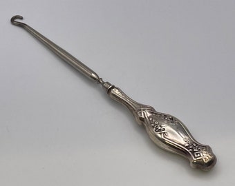 Vintage sterling silver handle button hook with Greek Key design