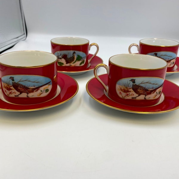 Set of 4 Lynn Chase Winter Game Birds Red 24K Gold Cup & Saucer Sets Japan