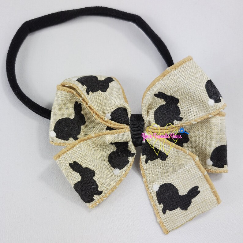 Burlap Bunny Easter Baby Hairbow Headband Black White Nylon Band Bow For Infants Babies Toddlers Bunny Pinwheel