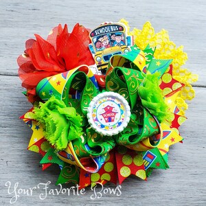 School House Hair Bow Big Stacked Boutique Hairbow with Flowers First Day Green Yellow
