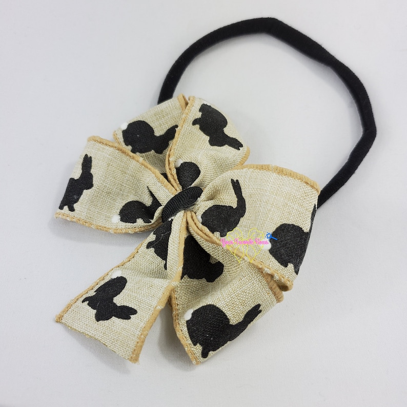 Burlap Bunny Easter Baby Hairbow Headband Black White Nylon Band Bow For Infants Babies Toddlers Bunny Pinwheel