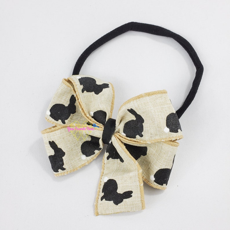 Burlap Bunny Easter Baby Hairbow Headband Black White Nylon Band Bow For Infants Babies Toddlers Bunny Pinwheel