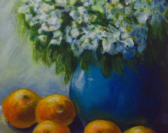Originalgemälde auf Leinwand, Blumen und Früchte in Orange und Blau
