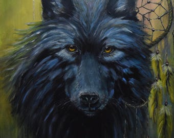 Original Oil Painting, Wall Art, Dream Catcher, Black Wolf, Colorful Art