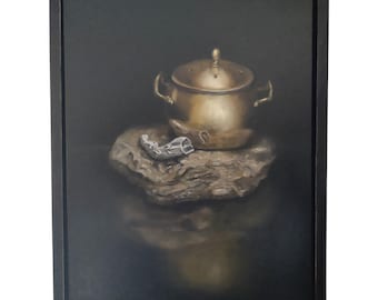 Framed Oil Painting Still Life • Brass Pot & Driftwood, Old World Realism