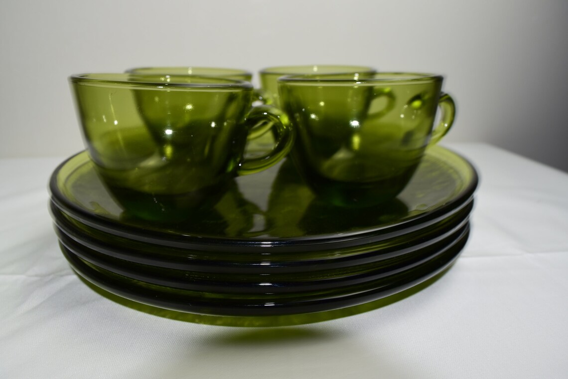 Vintage Green Snack Plate Set Snack Plates With Cups Green Etsy