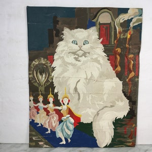 MCM Art Painting on Canvas White Persian Cat Shabby Chic Mid-Century Modern Antique Vintage 14x11 Home Decor Wall Art Hanging view photos