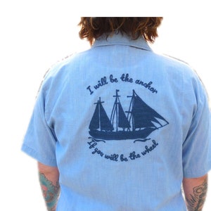 Seafarer Chambray Button Down Shirt with Chainstitch Embroidered Ship Design