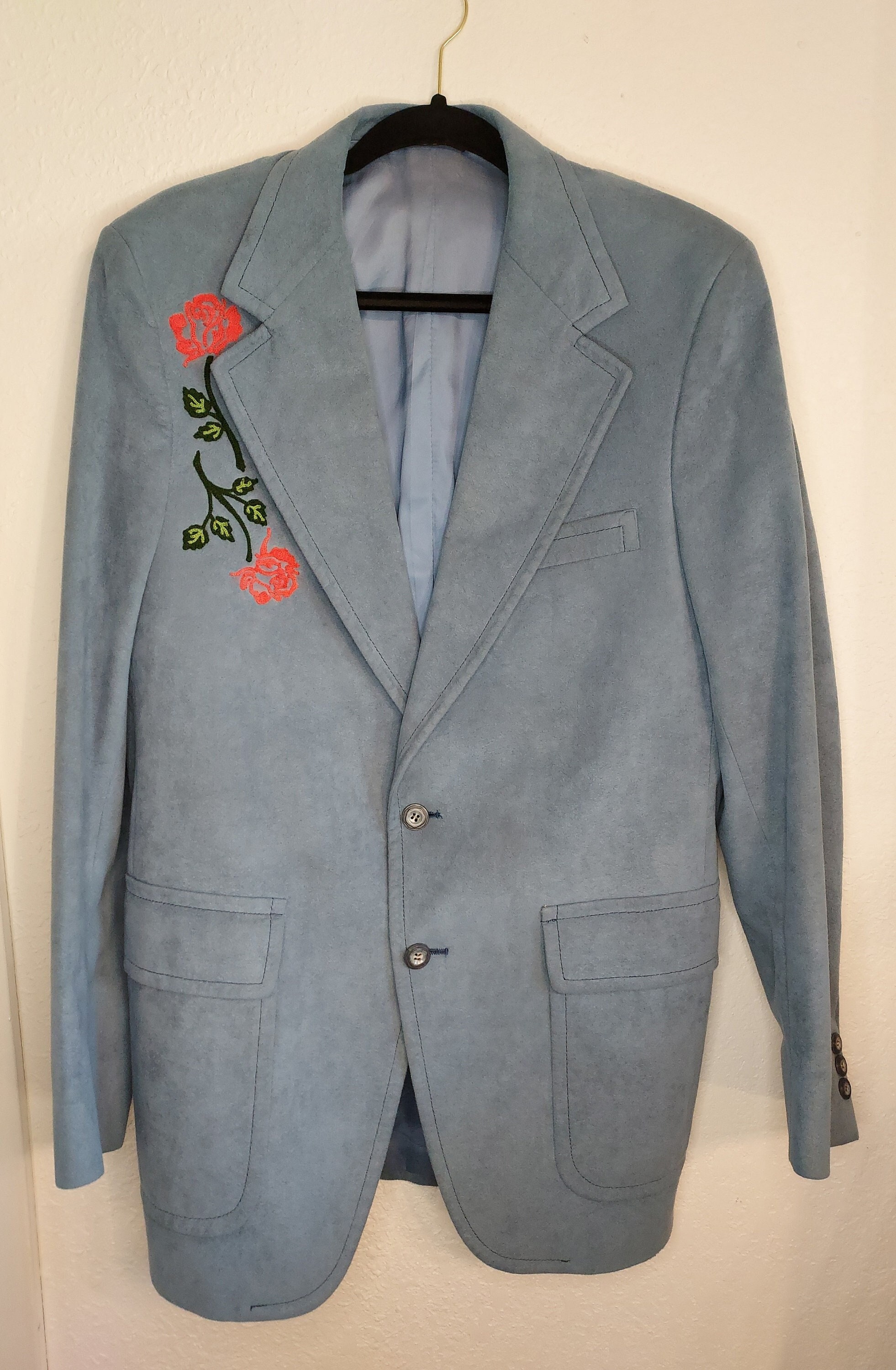 Vintage Blue Ultra Suede Blazer Jacket with Chainstitch Embroidered Pink Roses on the Vine Design