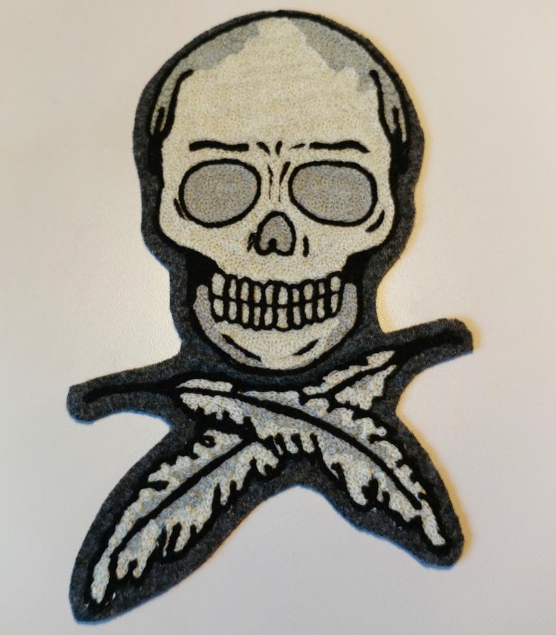 Skull and Crossed Feathers chainstitch embroidery patch