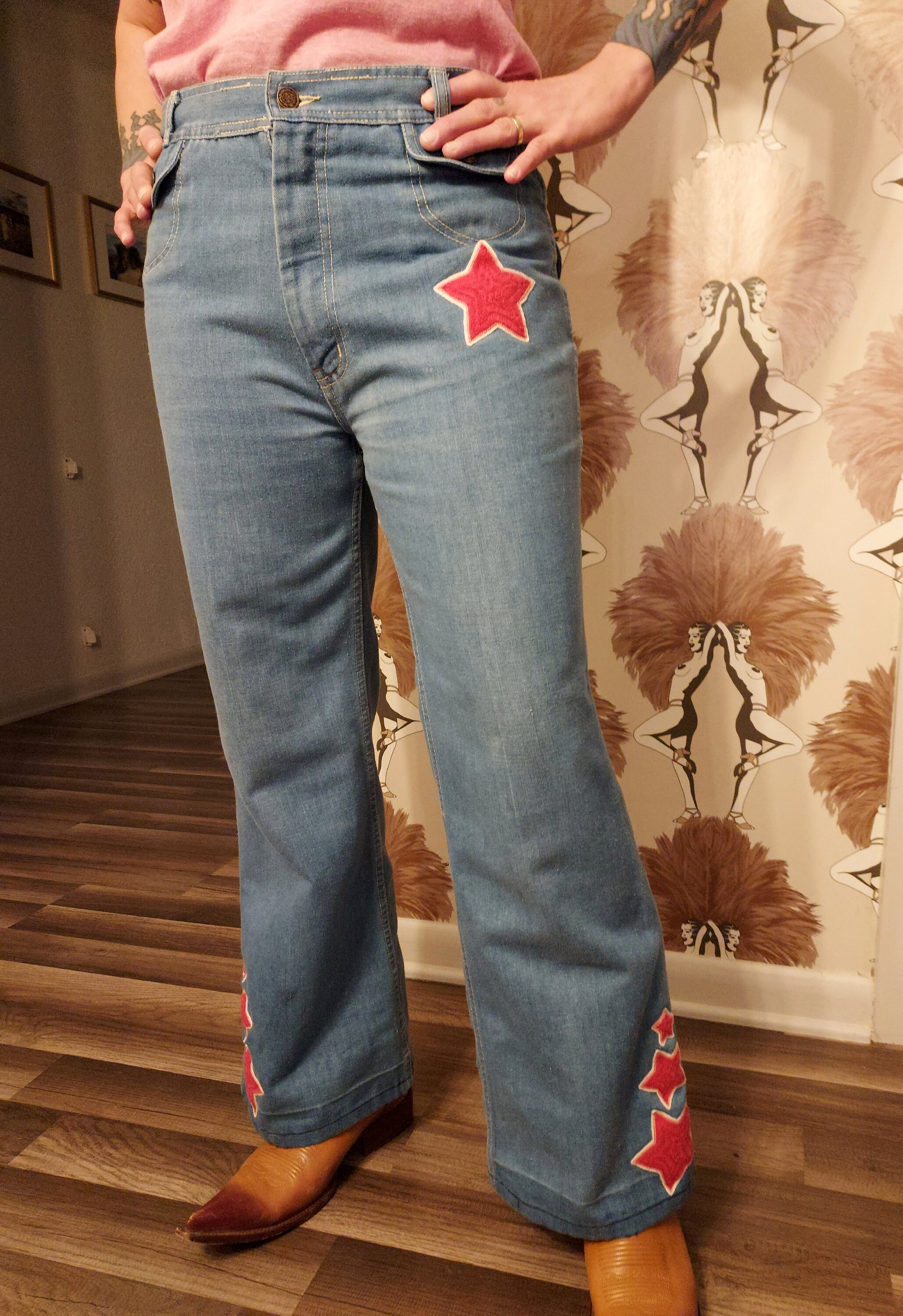 Wide Leg Jeans with Star Diamond Stud Detail
