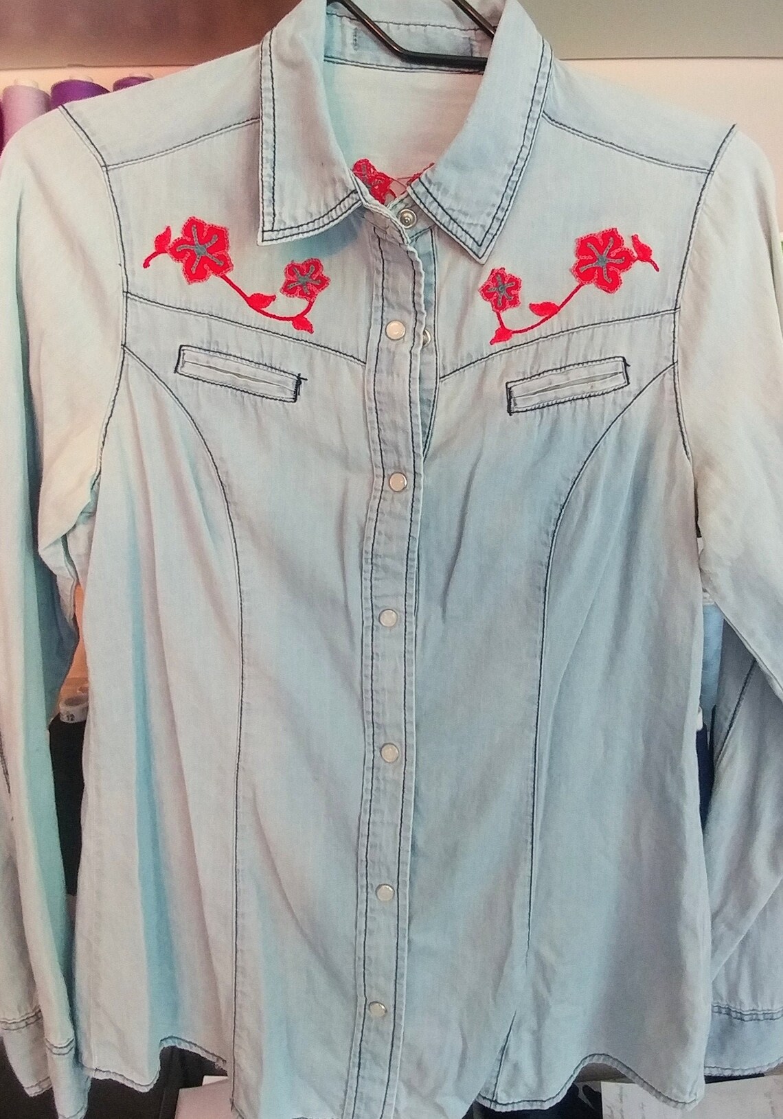 Petite Western Denim Shirt with Chainstitch Embroidered Floral | Etsy