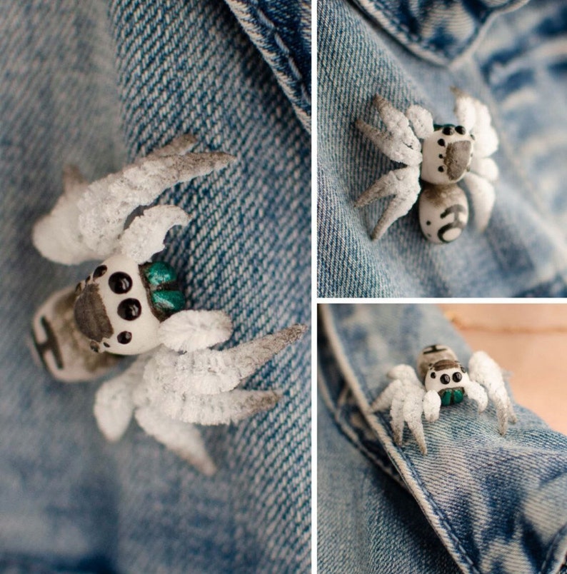 Cute spider pin, jumping spider brooch, realistic figurine, miniature poseable ornament, creepy gift, cute kawaii monster, made to order imagen 1