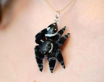 Jumping Spider Pendant: Black Handmade Necklace